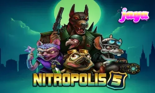 Tampilan visual intens dari permainan slot Nitropolis 5 dengan elemen perang klan hewan.